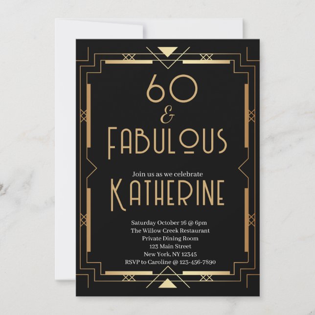 Invitación 60 y Fabuloso Cumpleaños 60 Art Deco (Anverso)