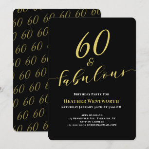 Invitación 60 y fabuloso Cumpleaños 60 Cumpleaños Dorado Negr