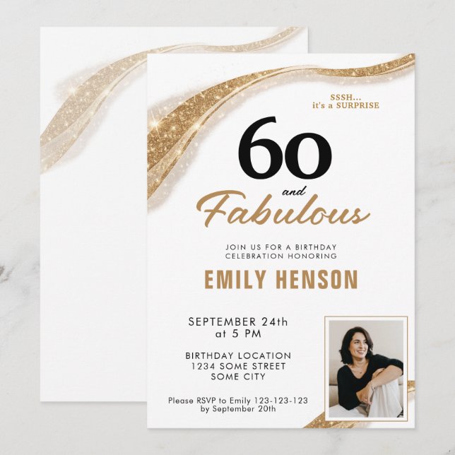 Invitación 60 y fabuloso cumpleaños 60 dorado (Anverso / Reverso)