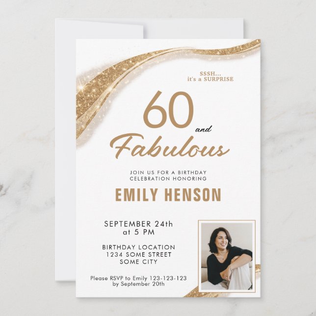 Invitación 60 y Fabuloso Cumpleaños 60 Dorado (Anverso)
