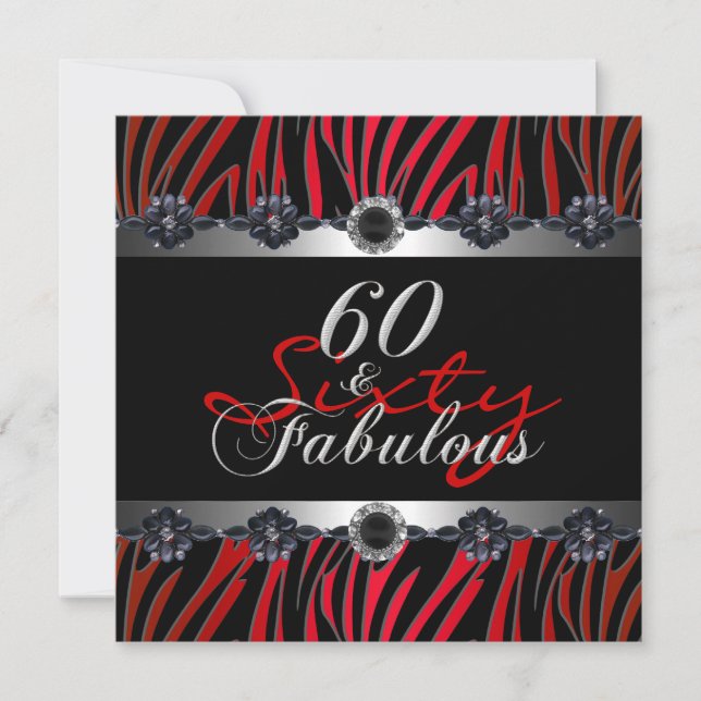 Invitación 60 y fabuloso Cumpleaños 60 Fiesta Cebra Plata Roj (Anverso)
