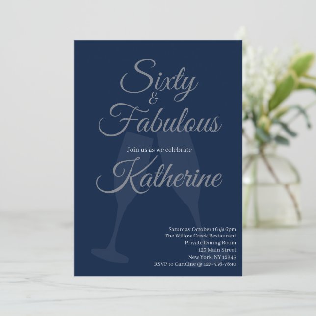 Invitación 60 y fabuloso | Cumpleaños 60 Script Azul (Anverso de pie)