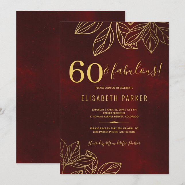Invitación 60 y fabuloso cumpleaños dorado elegante número 60 (Anverso / Reverso)