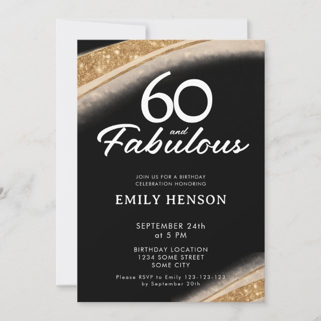 Invitación 60 y Fabuloso Cumpleaños Negro Dorado Bold (Anverso)