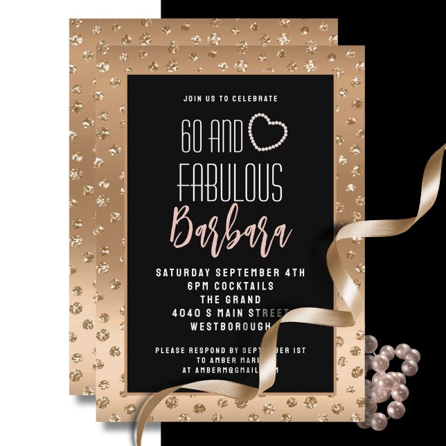 Invitación 60 y fabuloso cumpleaños rosado Rubor negro de oro (Subido por el creador)
