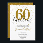 Invitación 60 y fabuloso elegante oro y cumpleaños negro<br><div class="desc">Este elegante guión de moda 60 y fabulosas estrellas de oro confetti invitan al cumpleaños y se pueden personalizar con los detalles de tu fiesta de cumpleaños establecidos en un texto moderno. Al revés,  estrellas de oro a juego confetti en un fondo dorado de cortesía. Diseñado por Thisisnotme©</div>