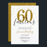 Invitación 60 y fabuloso elegante oro y cumpleaños negro<br><div class="desc">Este elegante guión de moda 60 y fabulosas estrellas de oro confetti invitan al cumpleaños y se pueden personalizar con los detalles de tu fiesta de cumpleaños establecidos en un texto moderno. Al revés,  estrellas de oro a juego confetti en un fondo dorado de cortesía. Diseñado por Thisisnotme©</div>