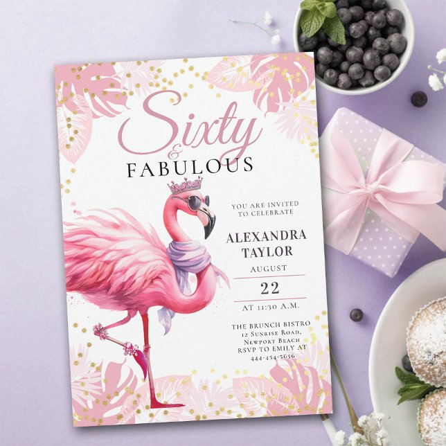Invitación 60 y fabuloso Flamingo Rosa Funny 60 cumpleaños (60 and fabulous birthday invitation funny pink flamingo tiara watercolor)