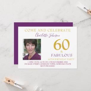 Invitación 60 y fabuloso Foto 60 cumpleaños Púrpura dorado