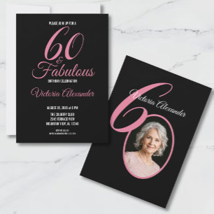 Invitación 60 y Fabuloso Foto Rosa y Negro Cumpleaños 60