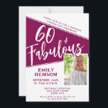 Invitación 60 y fabuloso guión Magenta foto 60 cumpleaños<br><div class="desc">Sesenta y fabuloso guión de la foto Magenta 60ª invitación a la fiesta de cumpleaños. Guión blanco a la moda con una foto personalizado en una moda y color rojo magenta vívido. Haz una invitación para su fiesta de cumpleaños número 60. Personalizar con el nombre y la edad y agregue...</div>