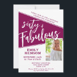 Invitación 60 y fabuloso guión Magenta foto 60 cumpleaños<br><div class="desc">Sesenta y fabuloso guión de la foto Magenta 60ª invitación a la fiesta de cumpleaños. Guión blanco a la moda con una foto personalizado en una moda y color rojo magenta vívido. Haz una invitación para su fiesta de cumpleaños número 60. Personalizar con el nombre y la edad y agregue...</div>