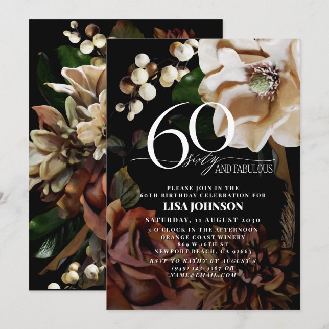 Invitación 60 y fabuloso moro moreno Magnolia Neutral Floral (Anverso / Reverso)