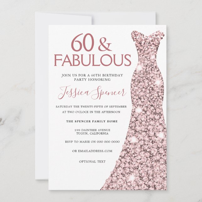 Invitación 60 y fabuloso Rosa vestido de oro 60 cumpleaños (Anverso)