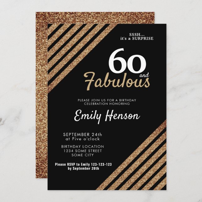 Invitación 60 y Fabulous Elegant Gold Purpurina 60 cumpleaños (Anverso / Reverso)