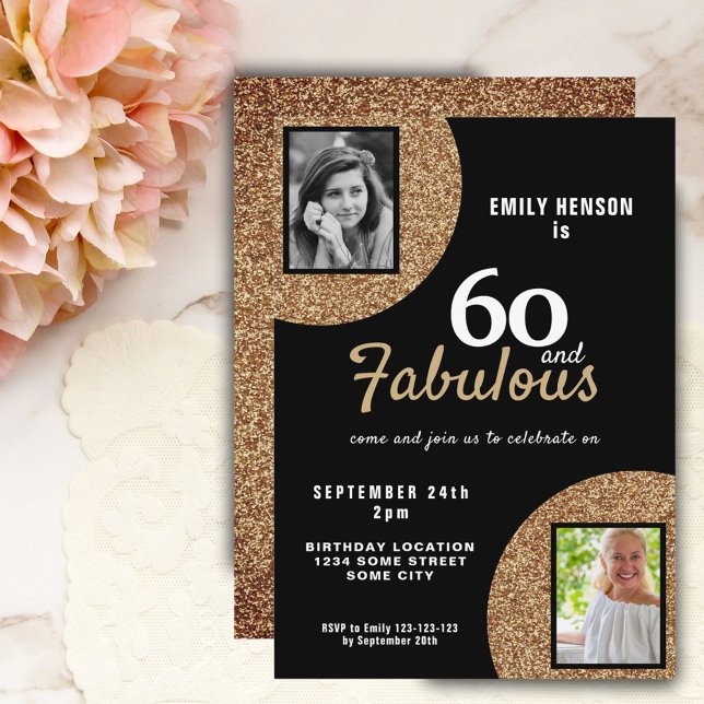 Invitación 60 y Fabulous Gold Purpurina 2 Photo 60th Birthday (Subido por el creador)