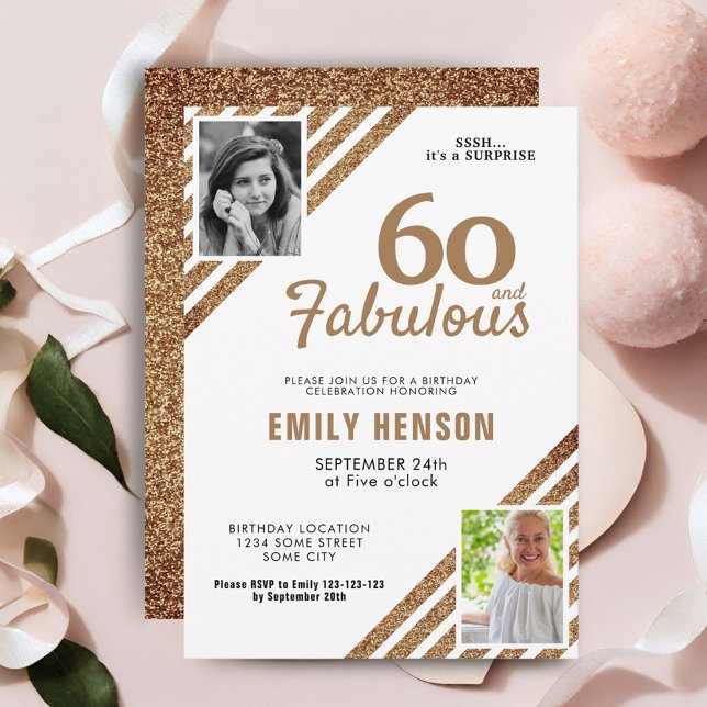 Invitación 60 y Fabulous Gold Purpurina 2 Photo 60th Birthday (Subido por el creador)