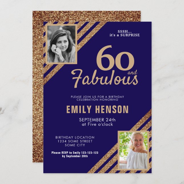 Invitación 60 y Fabulous Gold Purpurina 2 Photo 60th Birthday (Anverso / Reverso)