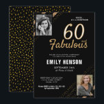 Invitación 60 y Fabulous Gold Purpurina 2 Photo 60th Birthday<br><div class="desc">60 y Fabulous Gold Purpurina 2 Photo 60th Birthday Surprise Party Invitación. Moderna y elegante invitación de cumpleaños negra y falsa purpurina de oro para ella. Añade tus fotos - puedes usar una foto antigua y una nueva. Puede cambiar todo el texto.</div>