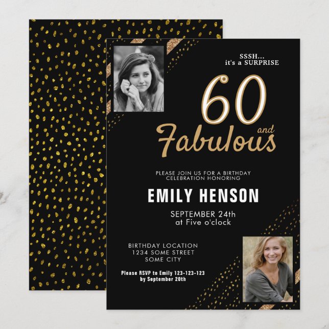 Invitación 60 y Fabulous Gold Purpurina 2 Photo 60th Birthday (Anverso / Reverso)