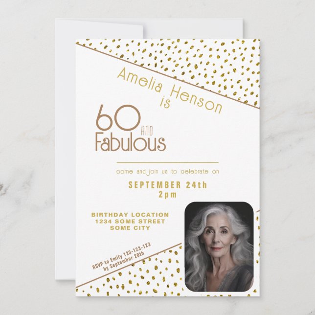 Invitación 60 y Fabulous Gold Purpurina Photo 60th Birthday (Anverso)