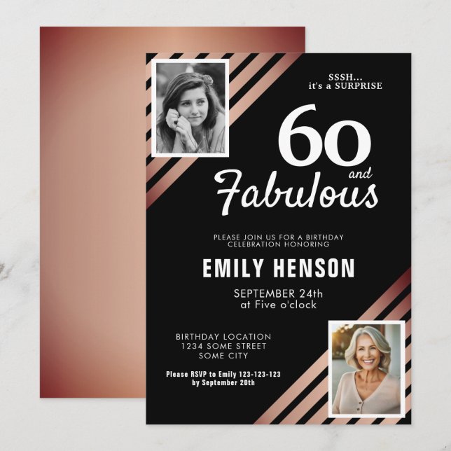 Invitación 60 y Fabulous Gold Rosa 2 Photo Birthday (Anverso / Reverso)