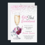 Invitación 60 Y Fiesta De Cumpleaños Sensacional<br><div class="desc">Una elegante y moderna fiesta de cumpleaños de 60 años,  con una copa de champán floral,  un rociado de purpurina y una tipografía caligráfica rosa y negra.</div>