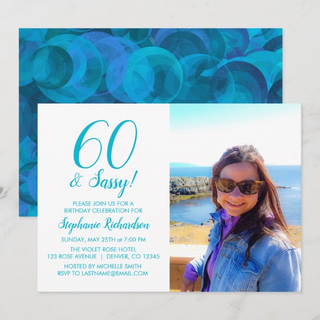 Invitación 60 y nombre Verde azulado azul marino sassy (Anverso / Reverso)