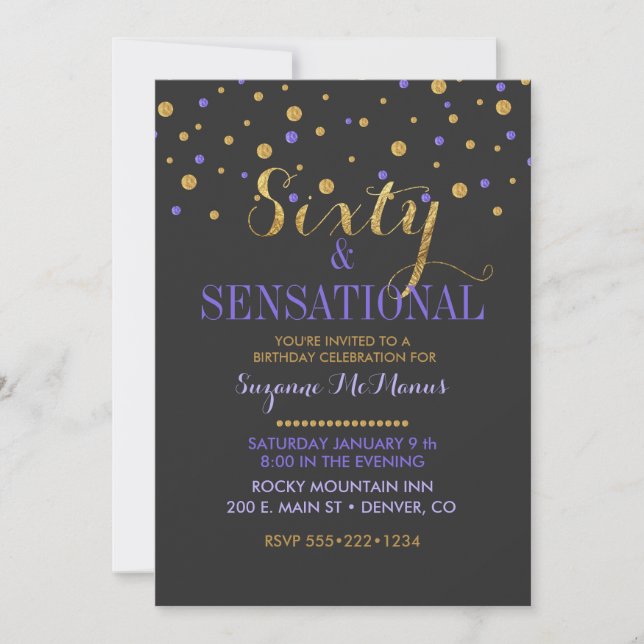 Invitación 60 y púrpura sensacional y puntos de confeti de or (Anverso)