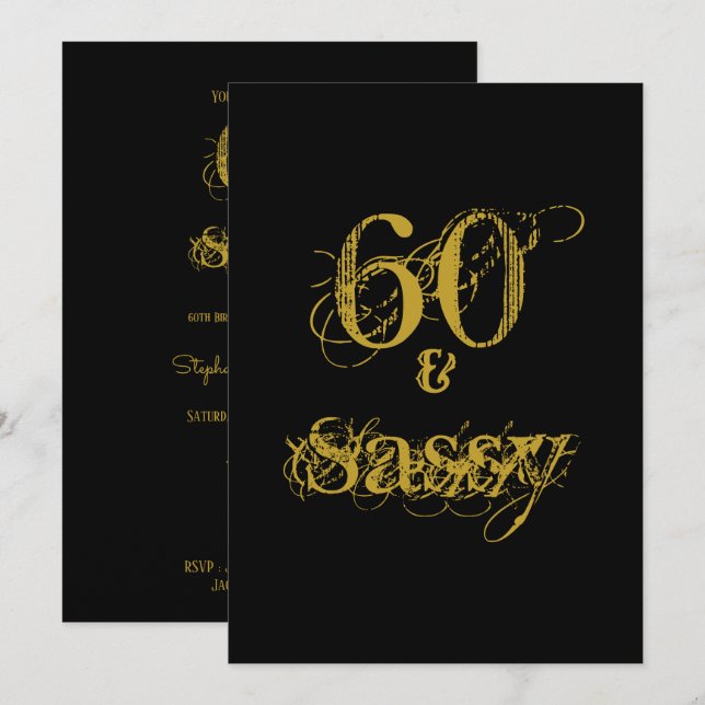 Invitación 60 y Sassy 60th Birthday Party Black and Gold (Anverso / Reverso)