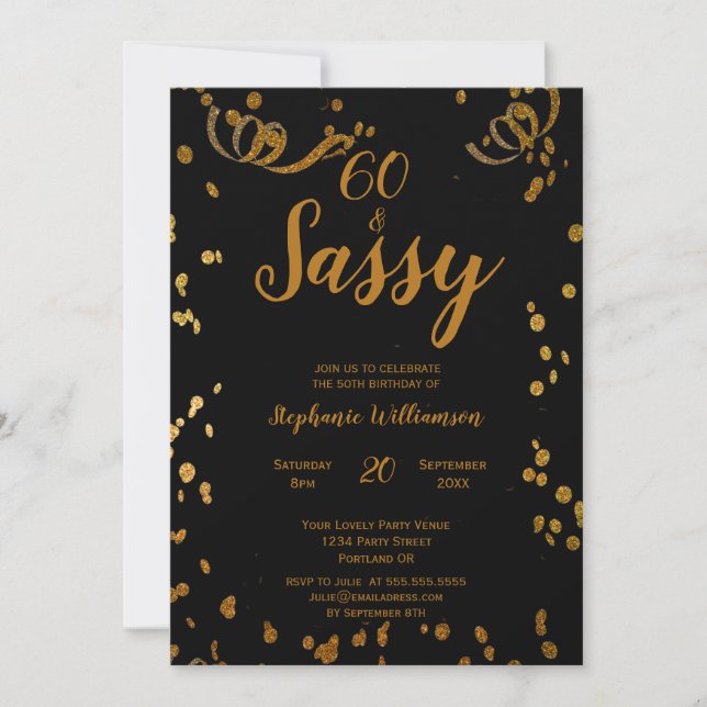 Invitación 60 y Sassy Cumpleaños 60 Negro | Falso Oro (Anverso)