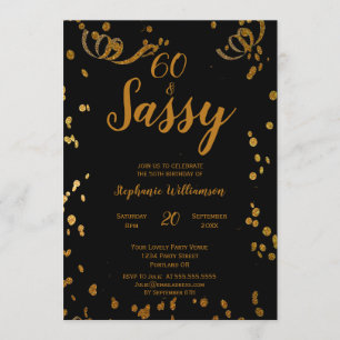 Invitación 60 y Sassy Cumpleaños 60 Negro   Falso Oro