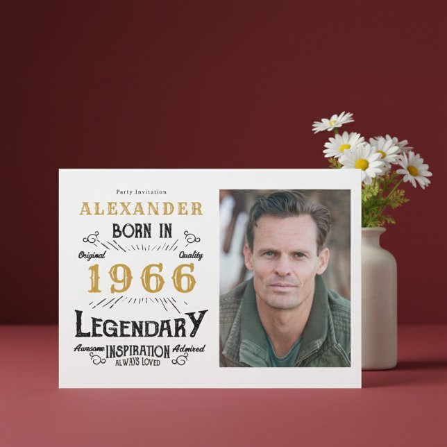Invitación 60th Birthday 1966 Legend White & Gold Photo (Born 1966 birthday invitation.)