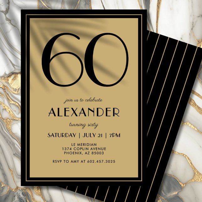Invitación 60th Birthday Adult Black and Gold Modern Minimal  (Black and gold elegance—modern typography with a touch of luxury.)