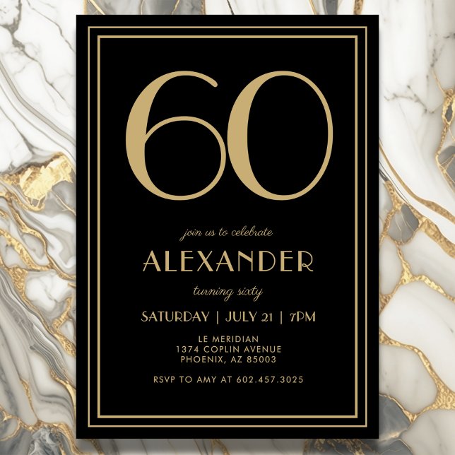 Invitación 60th Birthday Black and Gold Modern Minimal Adult (Elegant black and gold 30th birthday invitation design for him or her.)