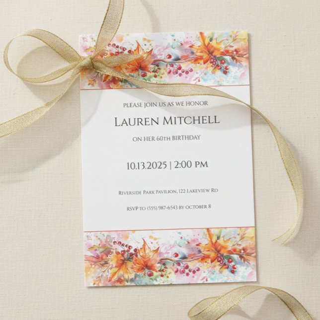 Invitación 60th Birthday Fall Leaves and Gold Celebration (Elegant autumn leaves 60th birthday invitation design)