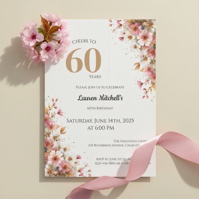 Invitación 60th Birthday Invitation Elegant Gold Floral Style (Elegant gold floral watercolor 60th birthday invitation design)