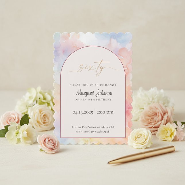 Invitación 60th Birthday Invitation | Pastel Watercolor Gold  (Elegant pastel watercolor 60th birthday invitation with gold script text and floral background)
