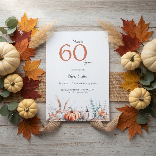 Invitación 60th Birthday Invitation Pumpkin Floral Fall (Pumpkin floral fall watercolor 60th birthday invitation design)