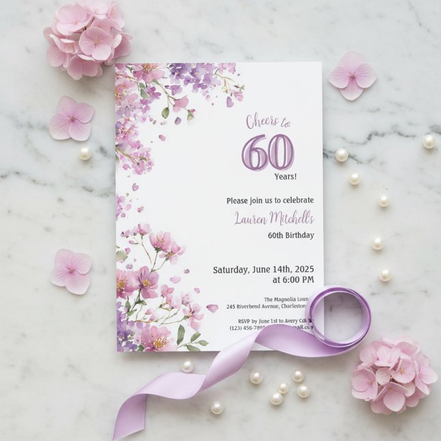 Invitación 60th Birthday Invitation Purple Floral Elegant (Purple floral watercolor 60th birthday invitation with elegant feminine design)