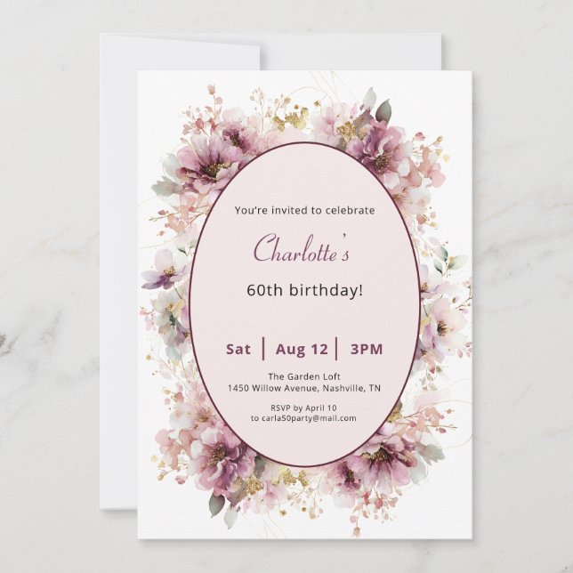 Invitación 60th Birthday Invitation Purple Floral Watercolor (Anverso)