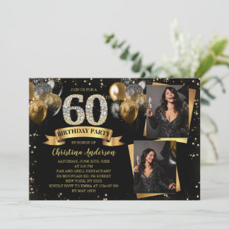 Invitación 60th Birthday Modern Gold Glitter Balloons 2 Photo