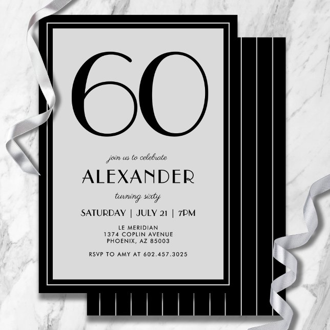 Invitación 60th Birthday Modern Minimalist Mens Black Gray (Modern black and light gray design—minimal, bold, and effortlessly stylish.)