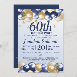 Invitación 60th Birthday Navy Gold Balloons Party