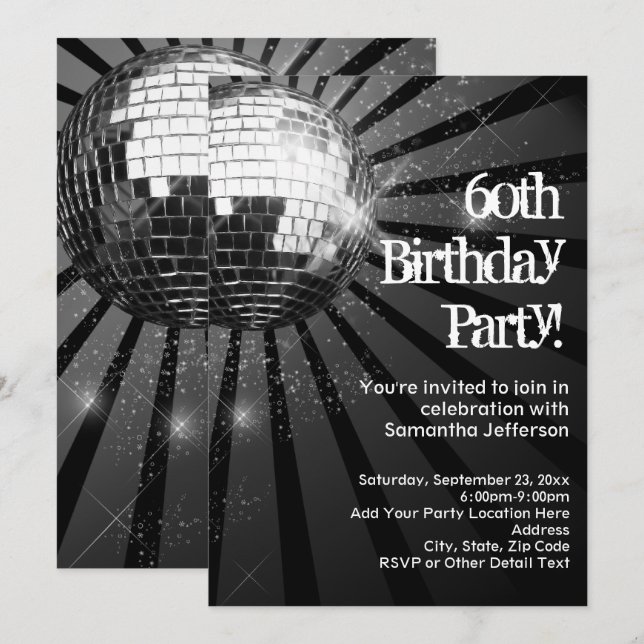 Invitación 60th Birthday Party Black Sparkle Disco Ball (Anverso / Reverso)