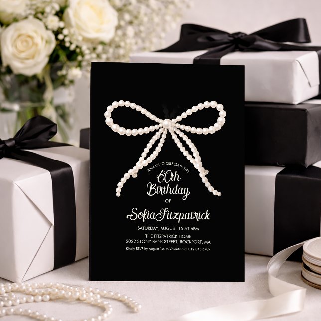 Invitación 60th Birthday Party Black White Pearl Bow (Subido por el creador)
