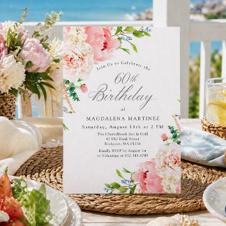 Invitación 60th Birthday Party Feminine Pink Roses Floral
