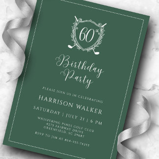 Invitación 60th Birthday Party Golf Crest Elegant Script Sage