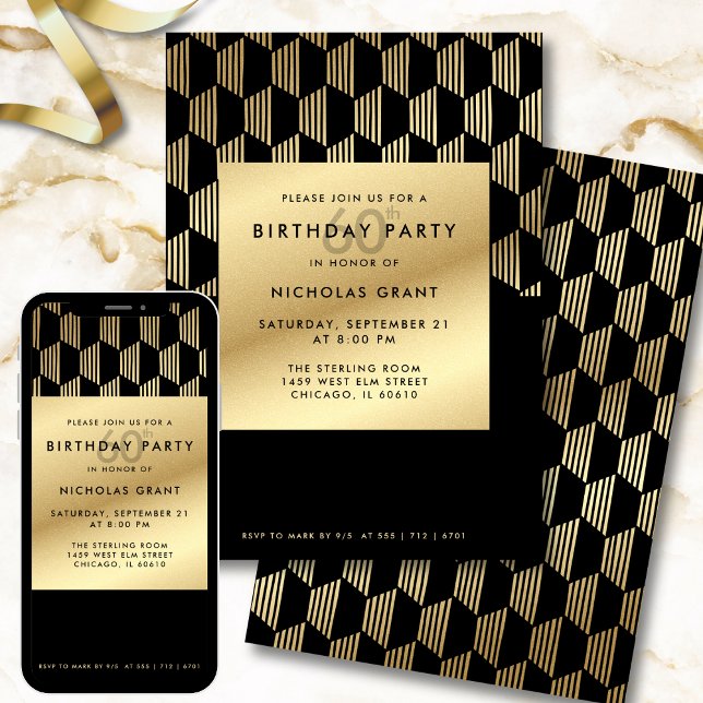 Invitación 60th Birthday Party Modern Black and Gold Foil (Subido por el creador)