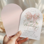 Invitación 60th Birthday Party Pink Bow Rose Floral Arch<br><div class="desc">A large blush pink coquette bow is decorated with elegant pink roses on this birthday invitation. Classic script calligraphy lets your guests know it's a milestone birthday. Easy to personalize with your party details.</div>